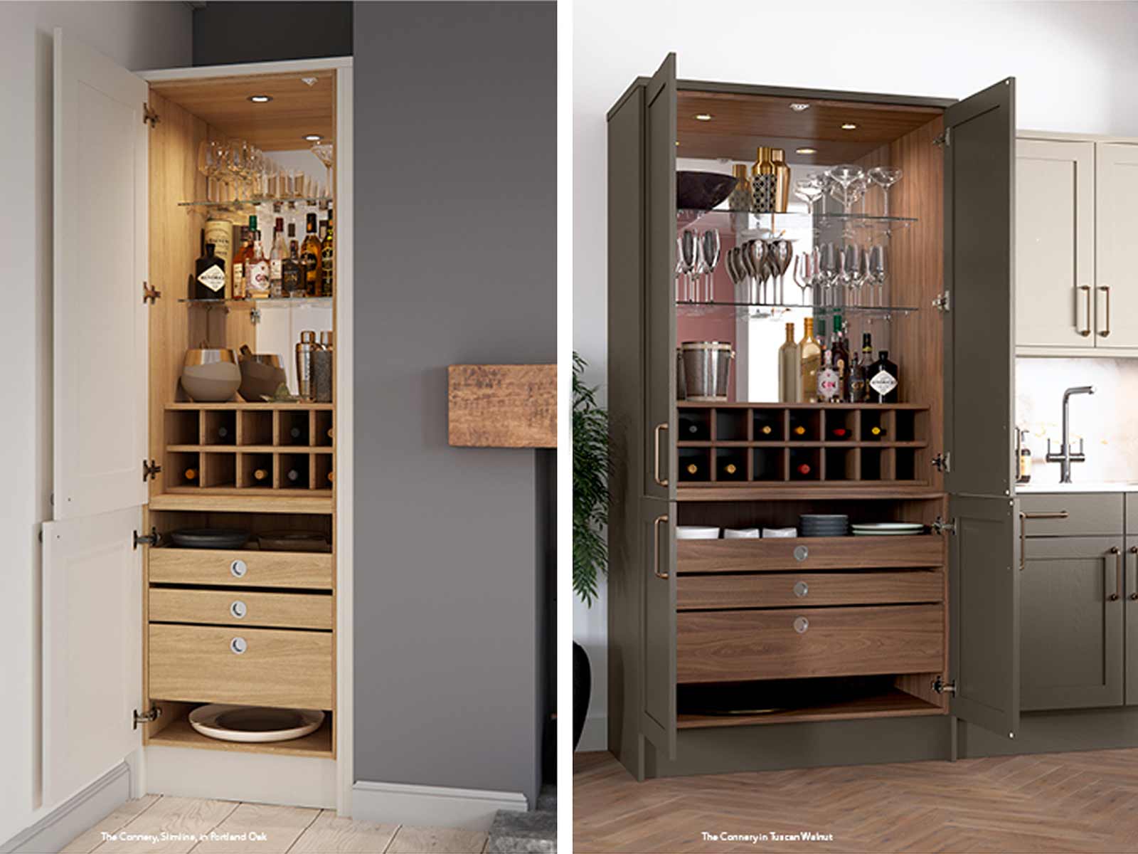 Compact light wood and wider dark wood drinks cabinets