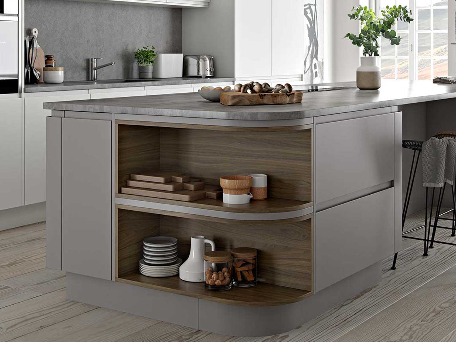 Hardwood open shelving with walnut finish and granite kitchen island