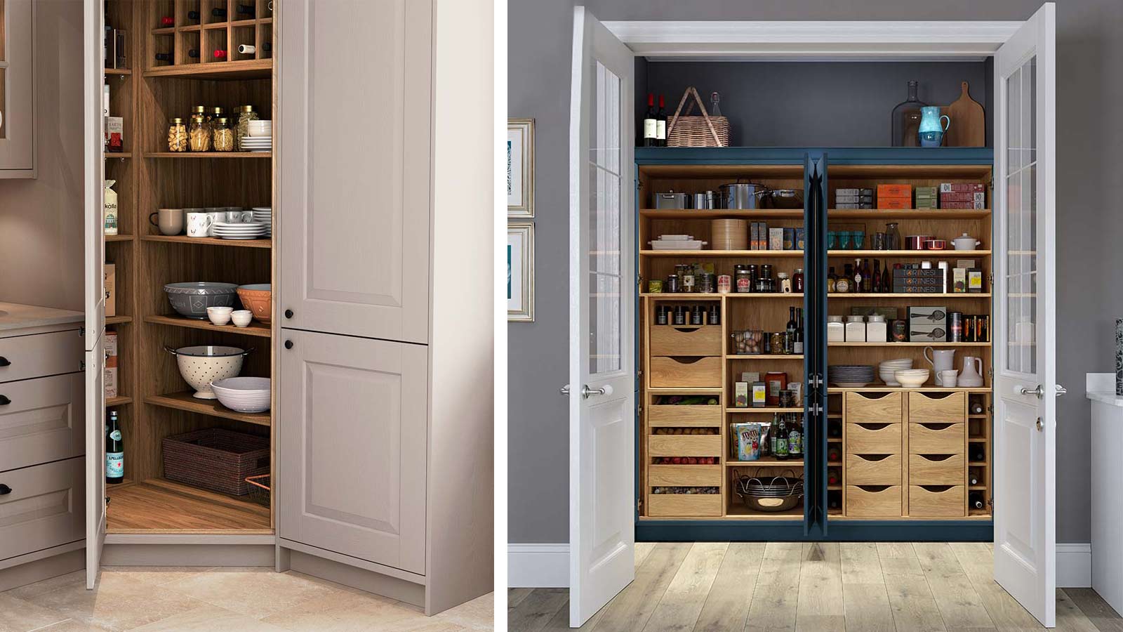 Two walk-in kitchen pantry options with corner shelves and pantry baskets