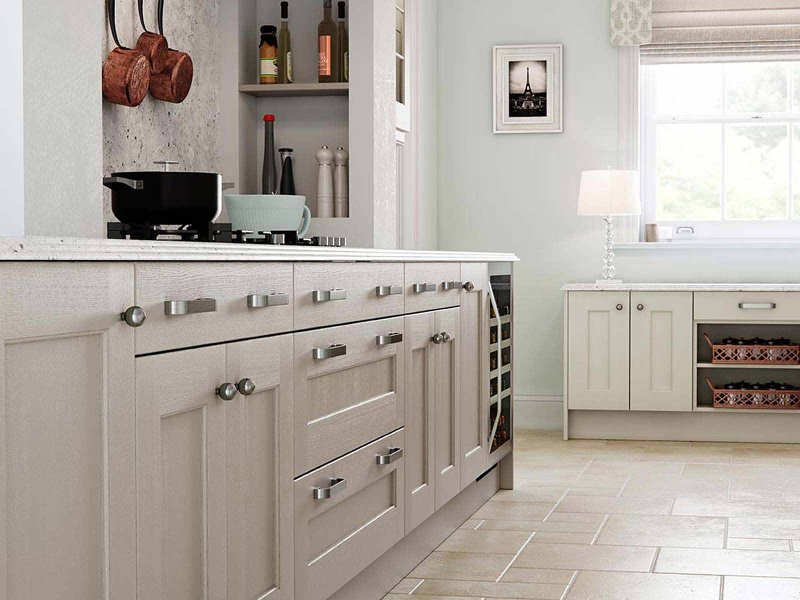 Heritage Grey Ashbourne cooking space with Carrara Marble countertop