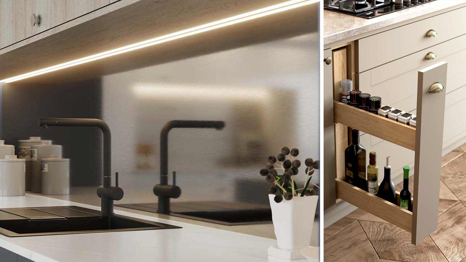 A contemporary kitchen with white counters and a bronze sink backsplash