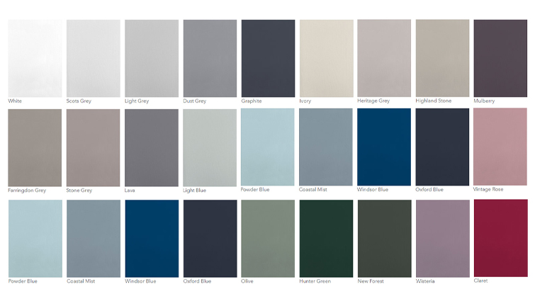 The Oxwich kitchen’s 27 distinct cabinet door colour palette
