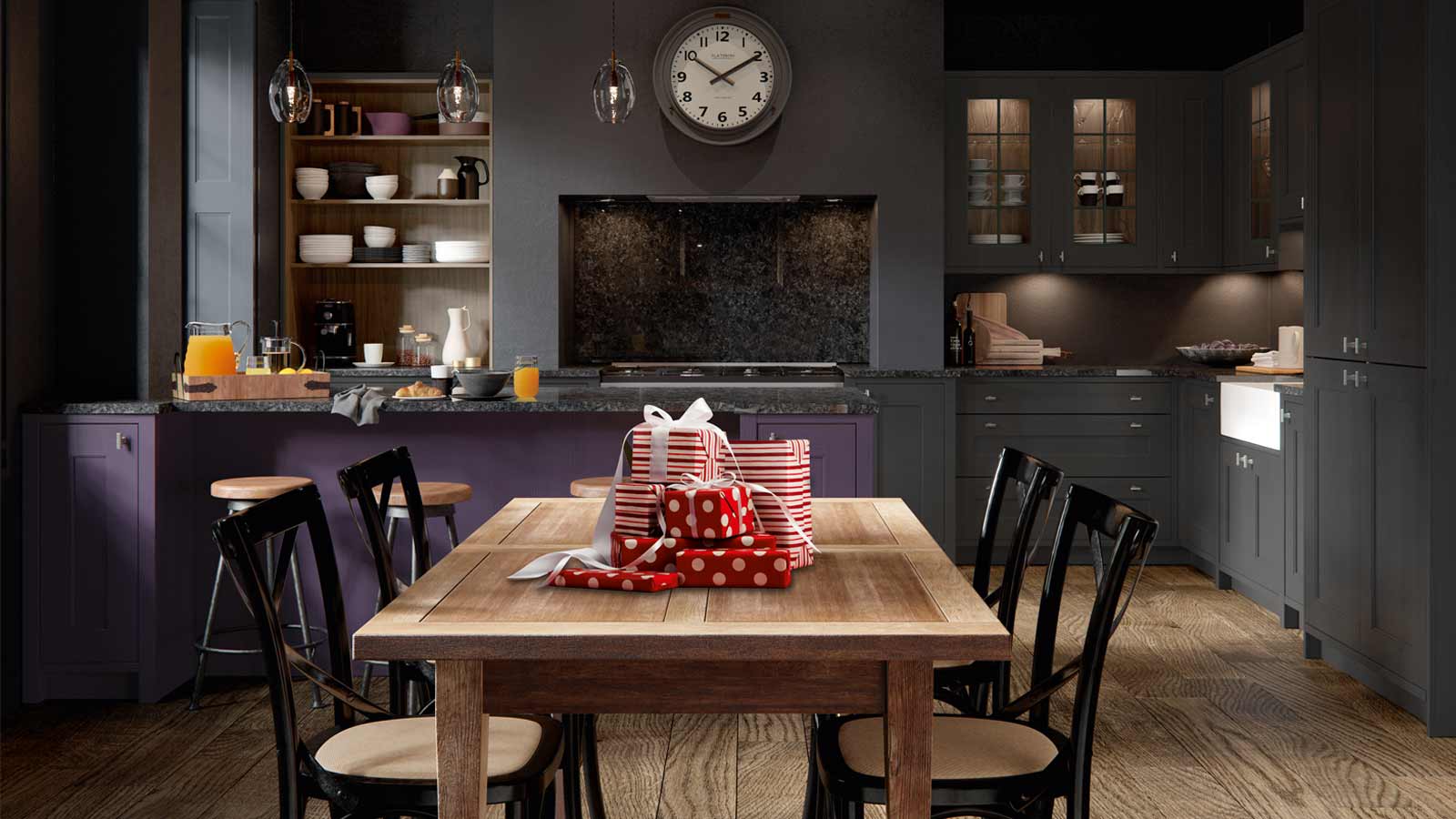 Classic Ashbourne Mulberry kitchen with slate grey cabinets and walnut shelves