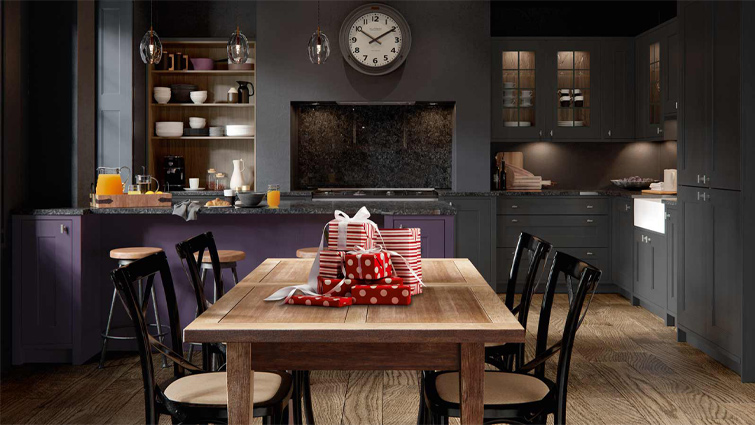Classic Ashbourne Mulberry kitchen with slate grey cabinets and walnut shelves