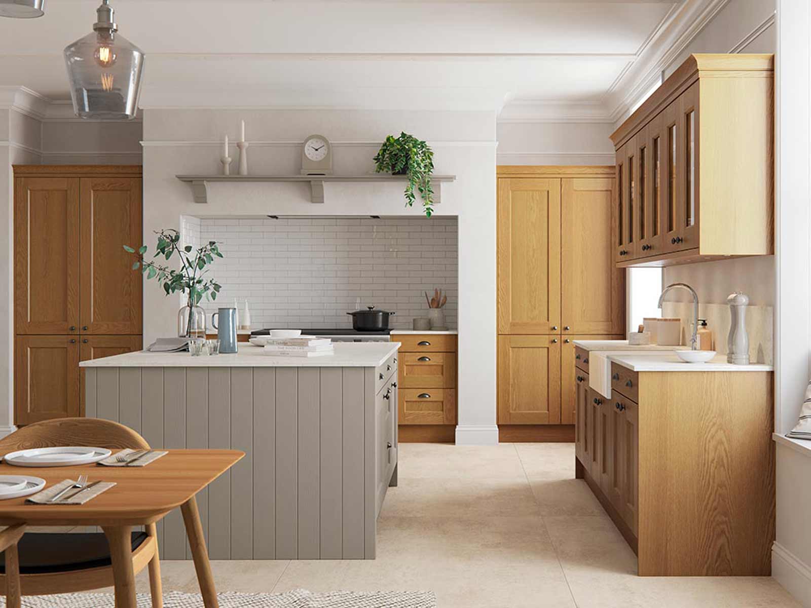Minimalist oak and light grey Shaker kitchen