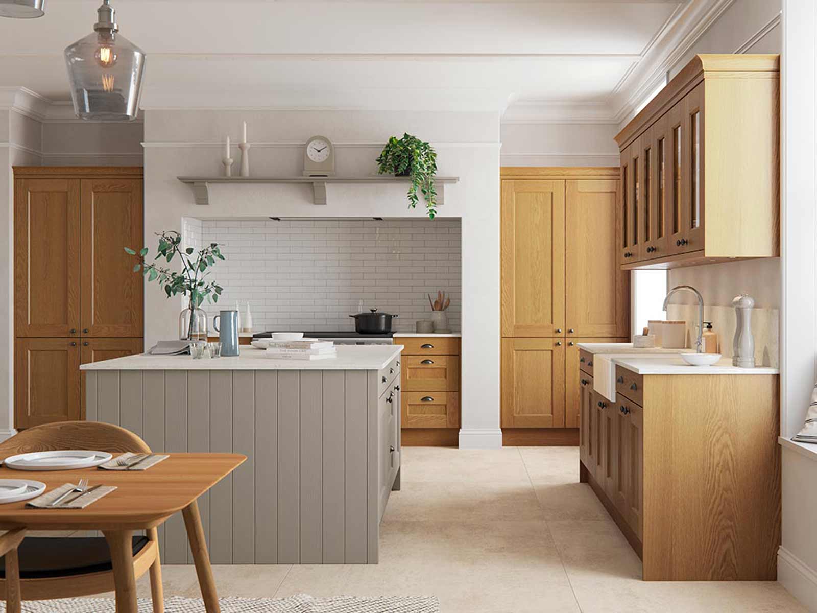 A Shaker kitchen in minimalist oak and light grey