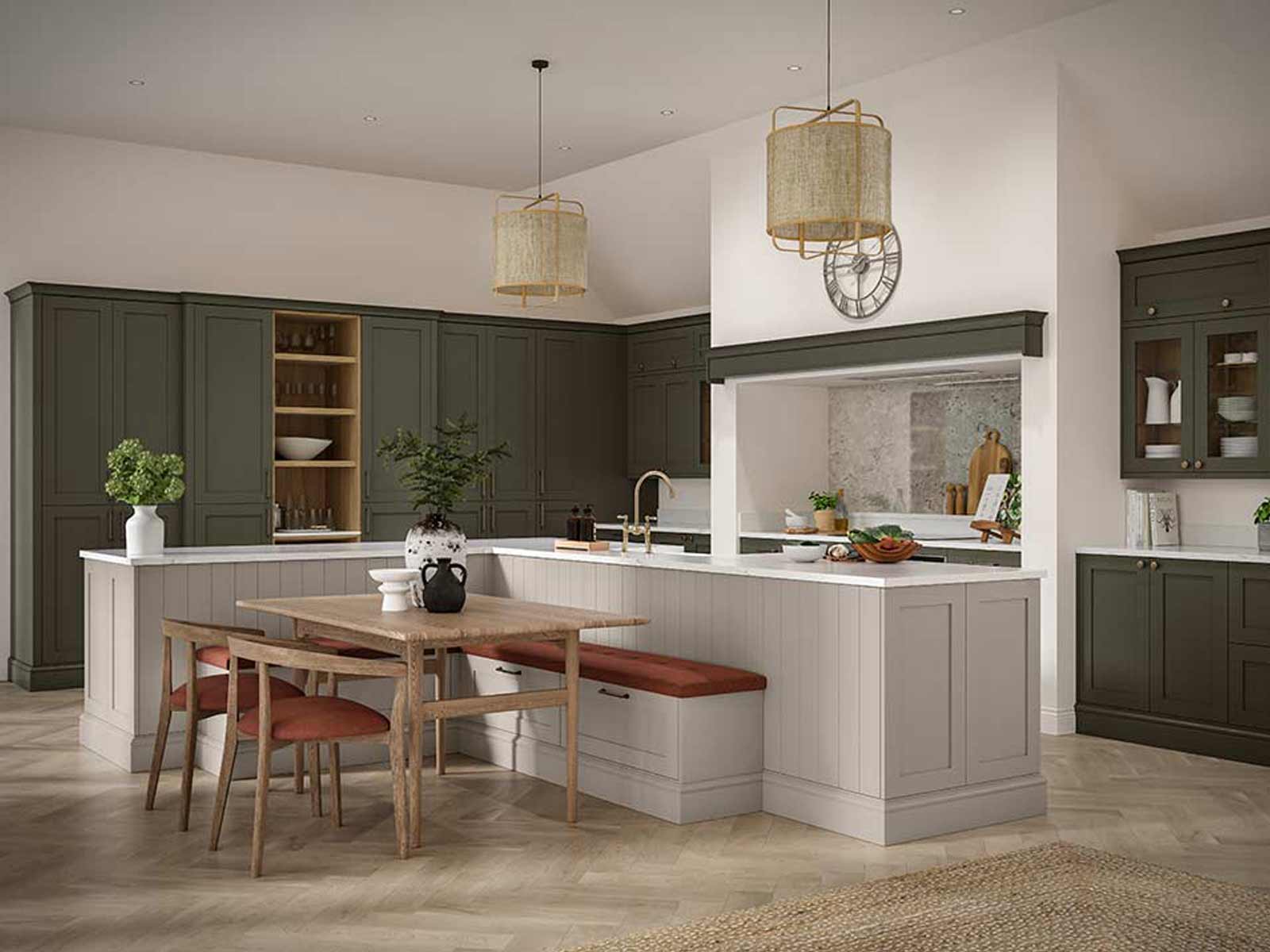 Large grey and dark green Shaker kitchen with gold accessories