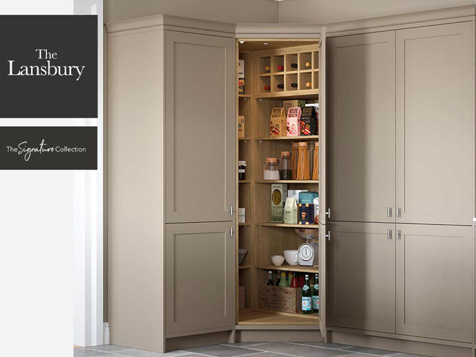 A Lansbury corner pantry with light grey full height kitchen cabinets