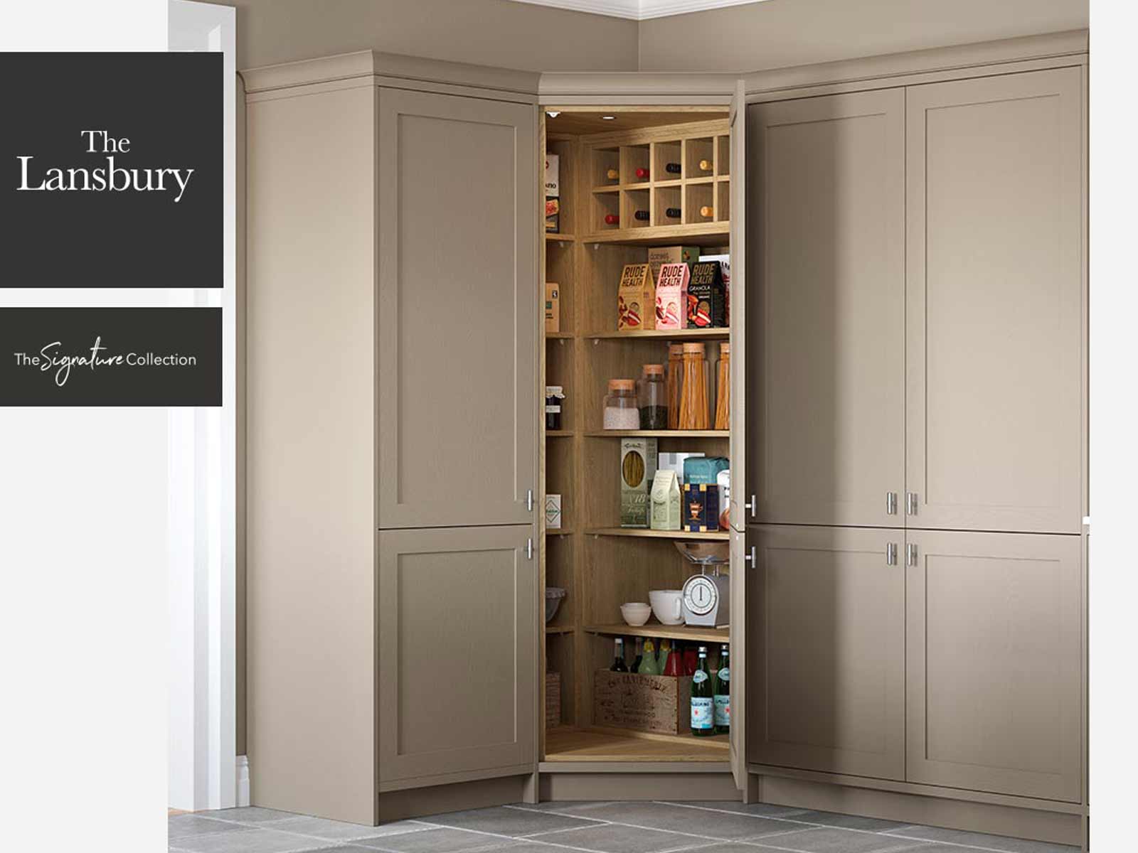 A Lansbury corner pantry with light grey full height kitchen cabinets