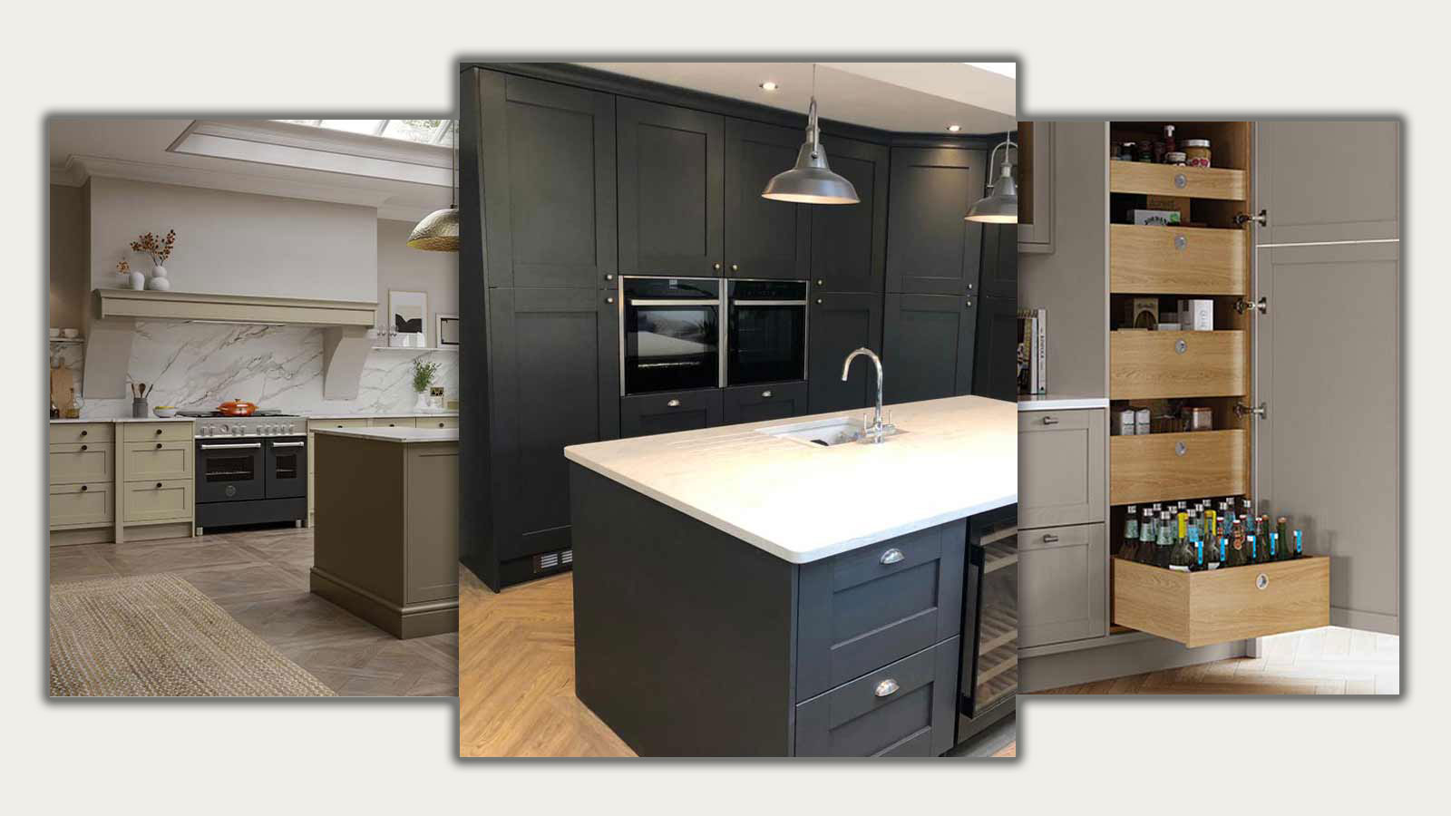 Three distinct Shaker kitchens with black, pale green and grey doors