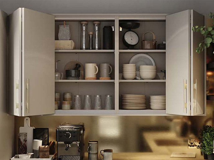 Space saving doors on flat modern range kitchen wall cabinets