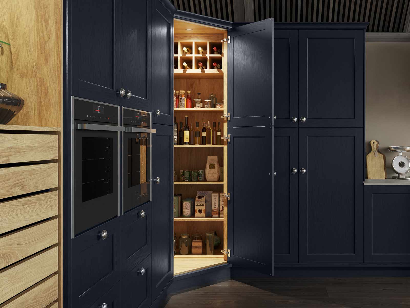 Corner kitchen pantry cupboard with walk-in-pantry storeroom space