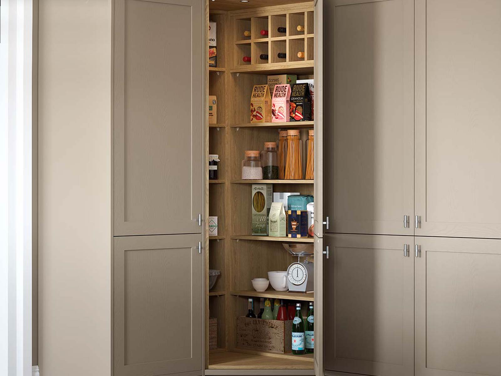 Corner kitchen pantry cupboard full of pantry shelving and a wine rack