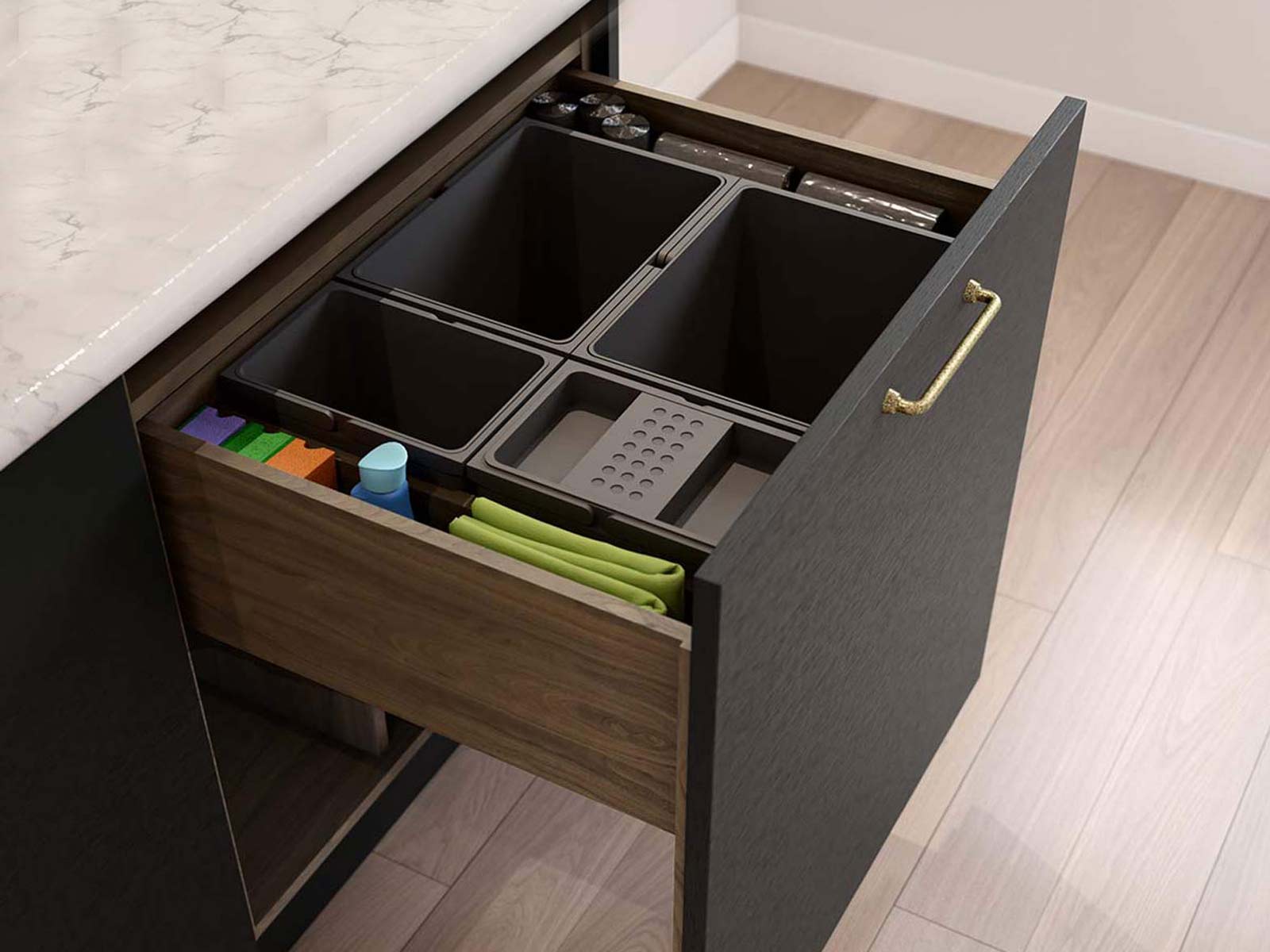 A grey double kitchen bin for inside a cupboard and a kitchen bin with a lid