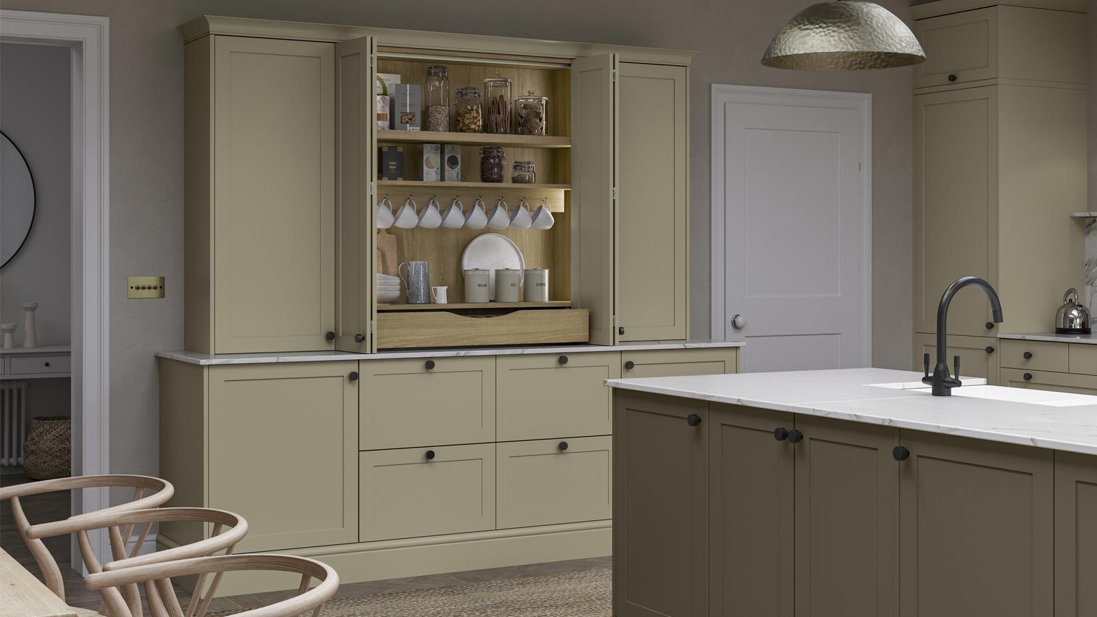 A breakfast station and coffee bar cabinet with Shaker doors