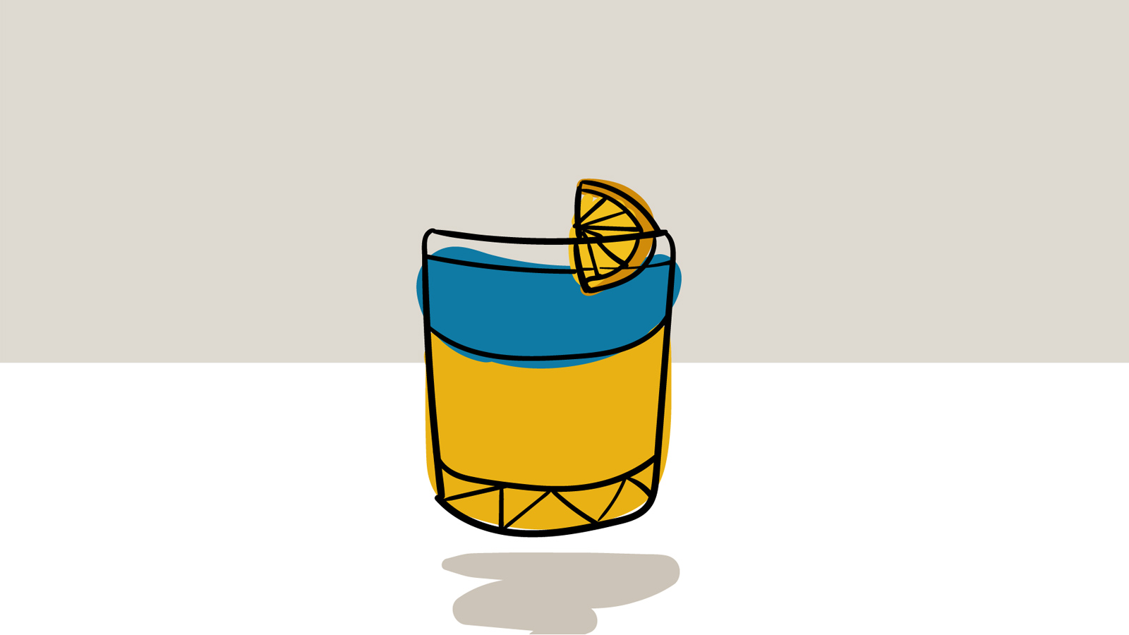 A blue and yellow Zelenskyy cocktail, full of citrus fruits and peach flavours