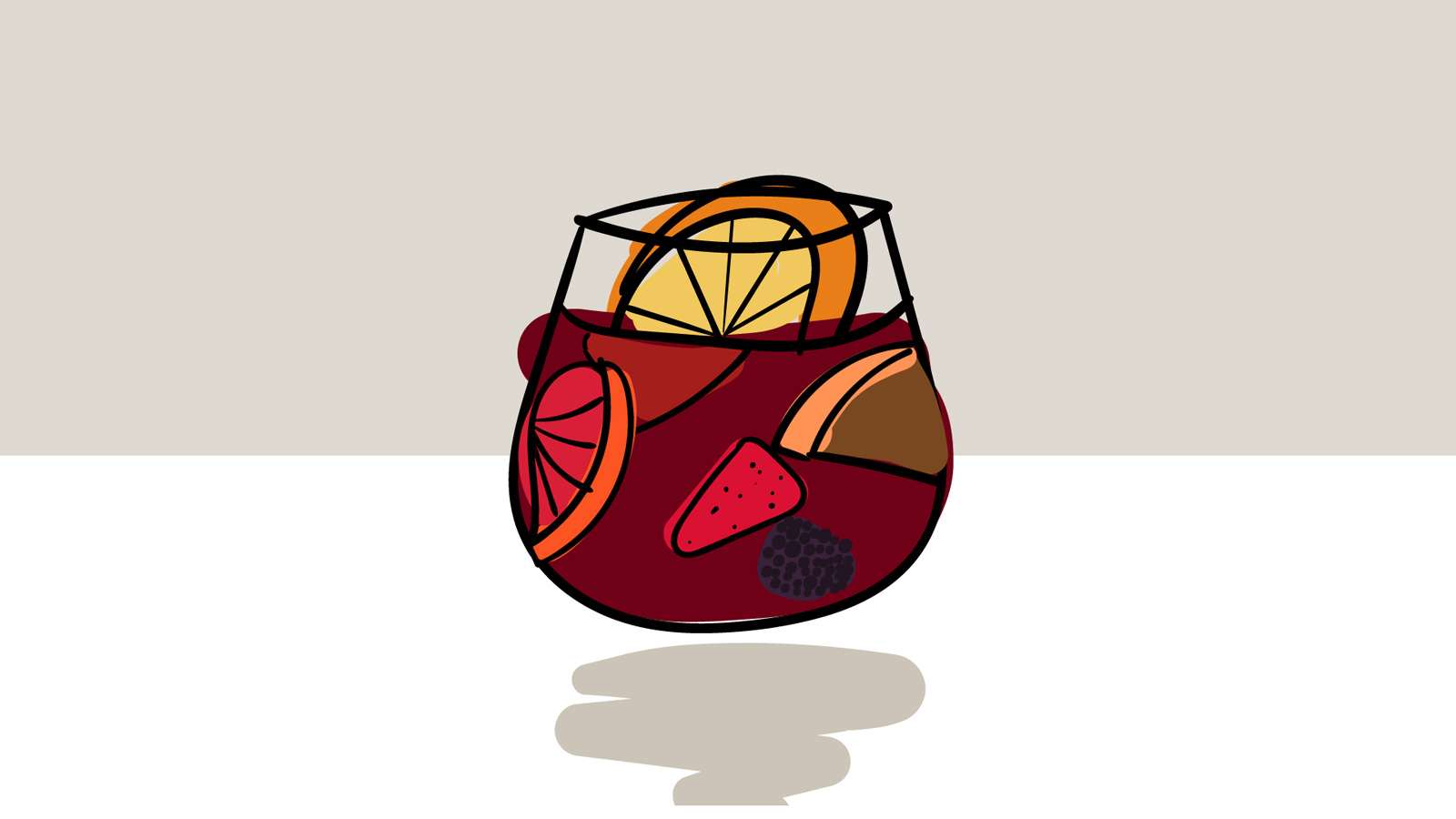 A Sangria cocktail that contains red wine, brandy, sugar and fruit elements