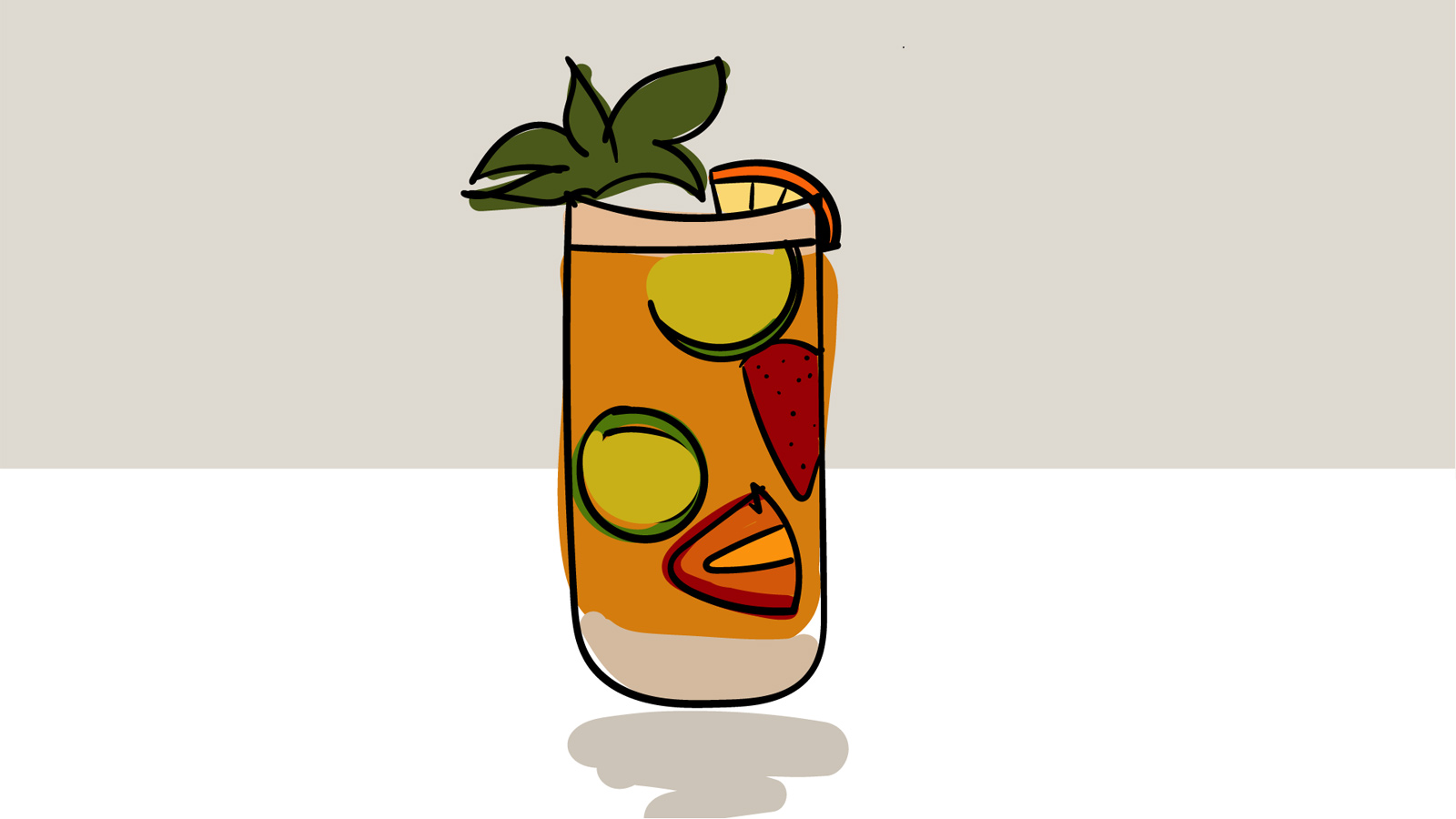 A Pimm’s No. 1 Cup cocktail, including various fruit chunks, Pimm’s, mint and ice
