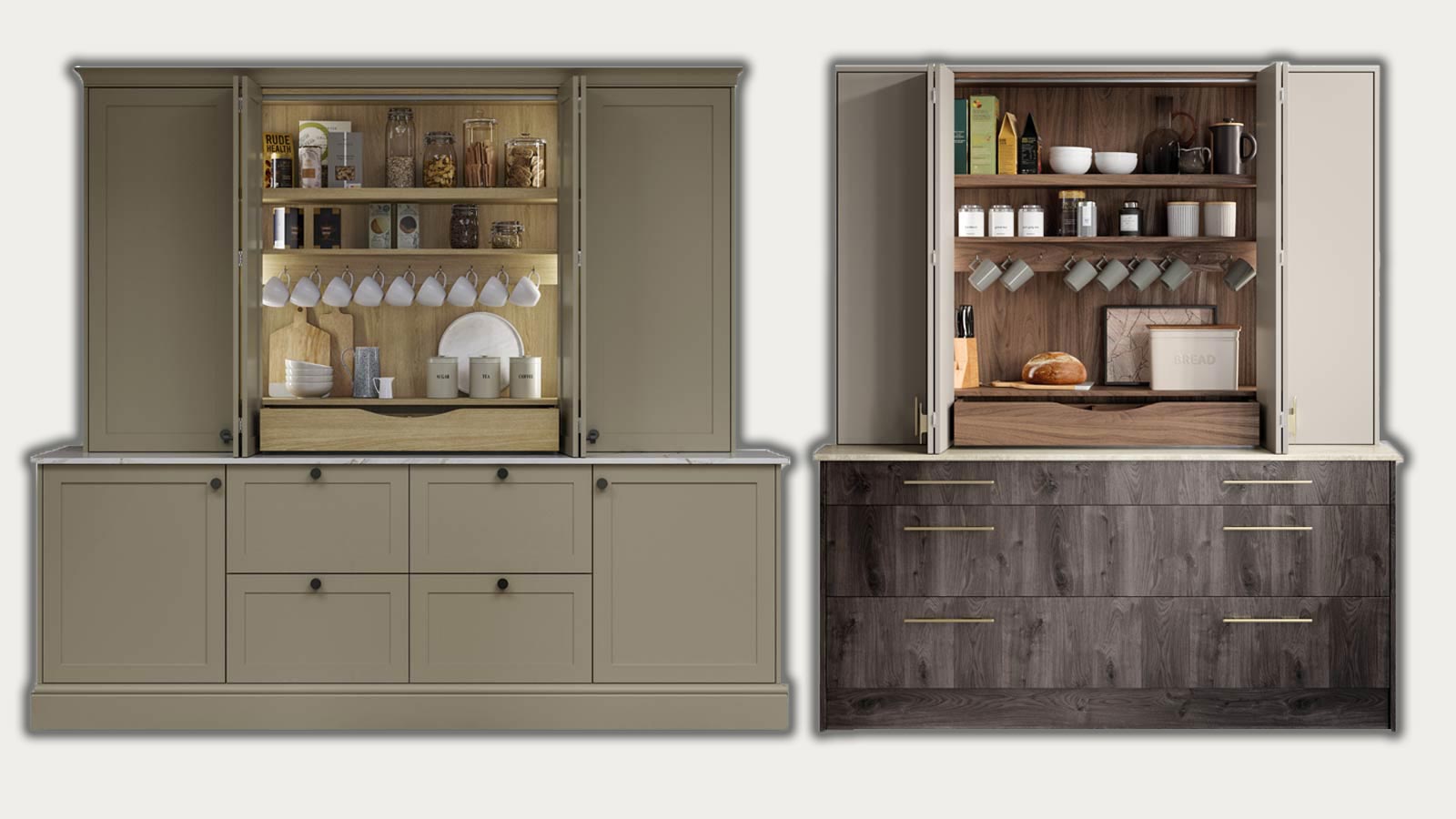 Two Sigma 3 Breakfast Dressers in pale green and oak or pastel grey and walnut