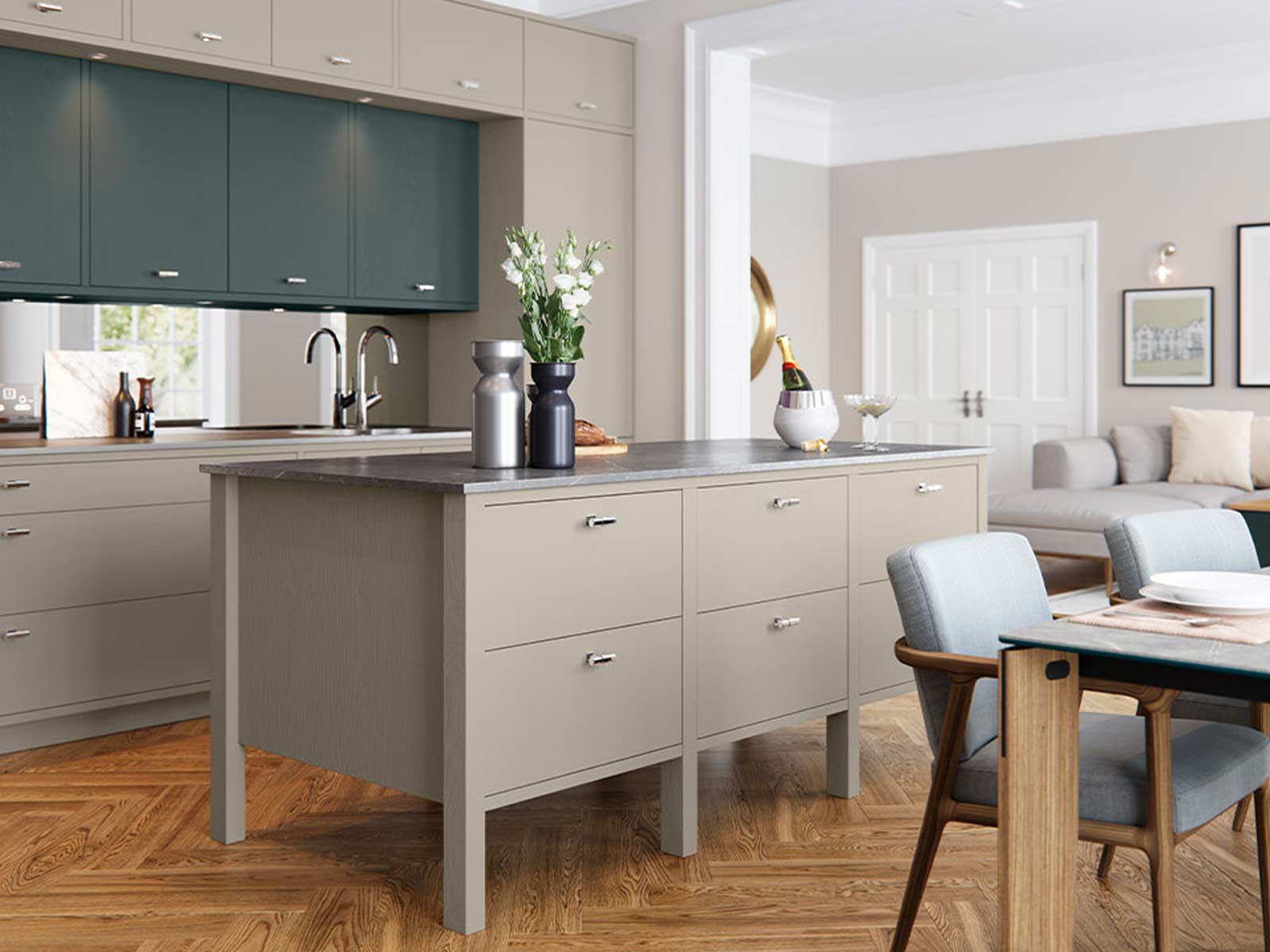 An airy stone and leaf coloured kitchen with a free-standing island