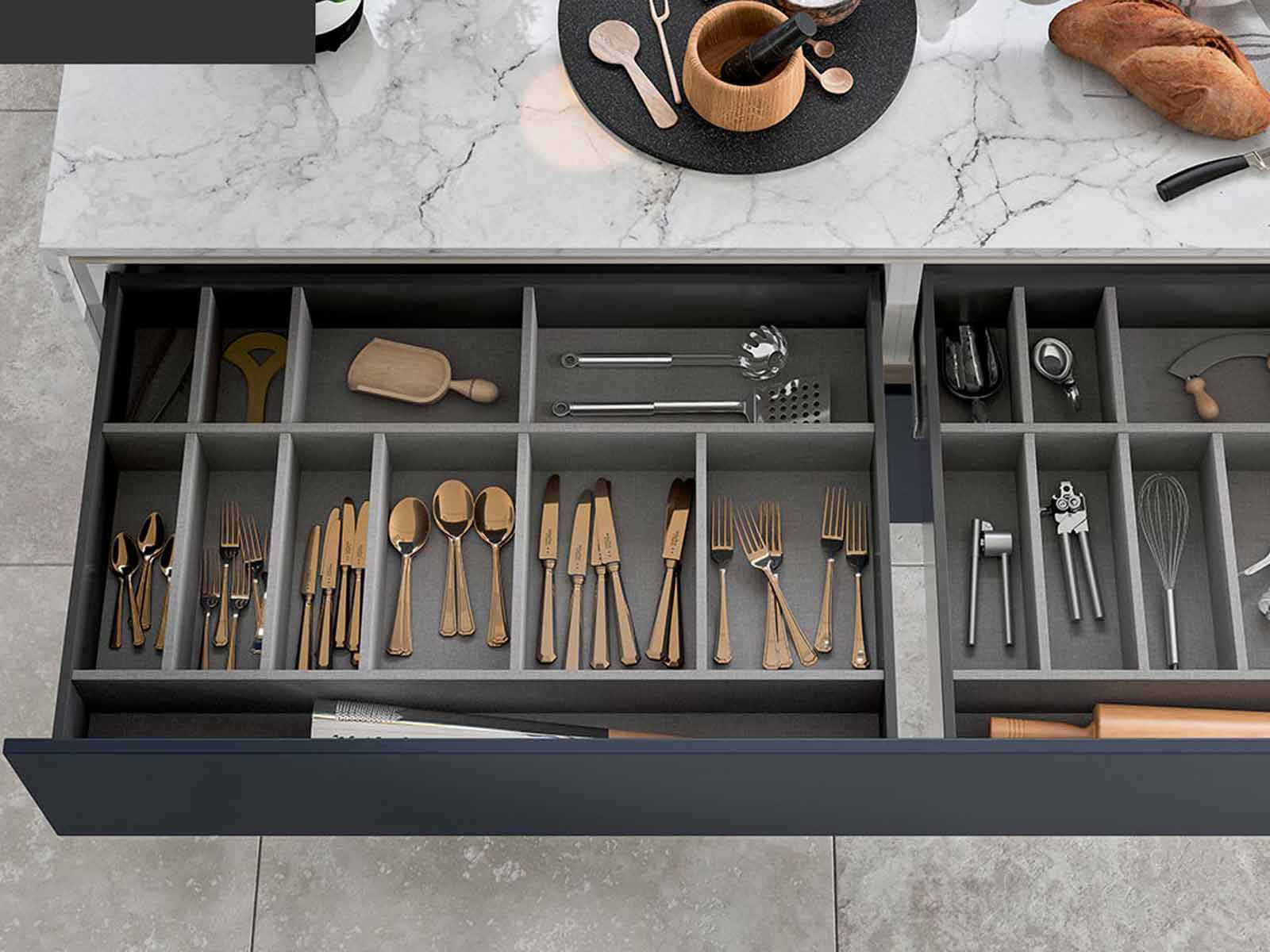 Clean, organised kitchen drawers without plastic and wire inserts