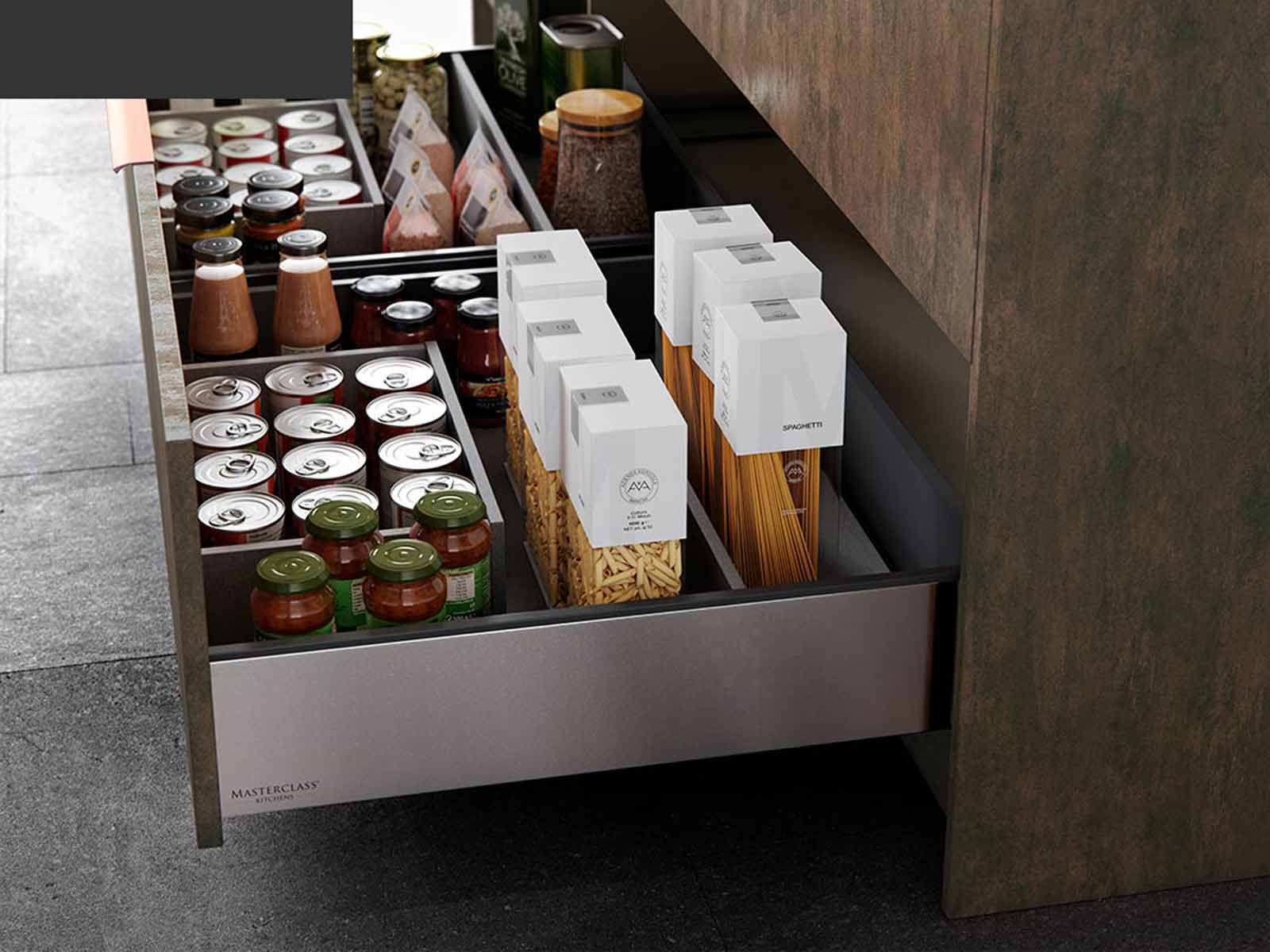Deep, wide and strong kitchen drawers that enable ample room for organisation