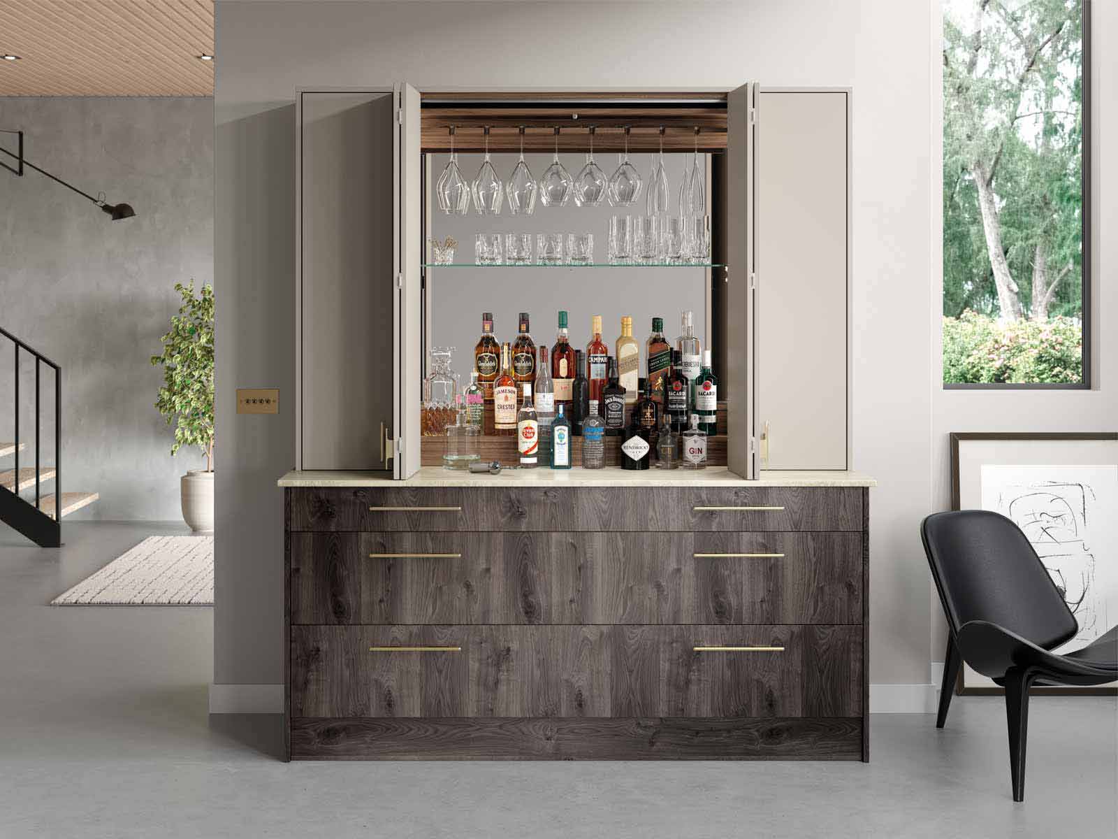 Fully stocked Bar dresser with rich wood shelves and a hanging wine rack