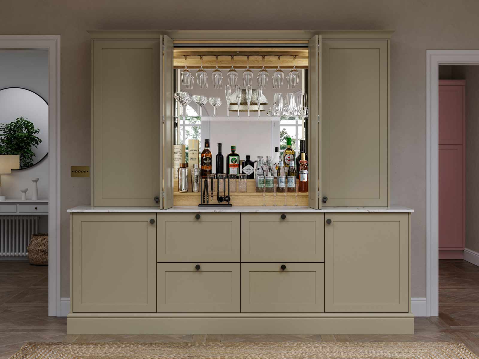 Bar dresser with reflective shelves, LED lighting and light wood