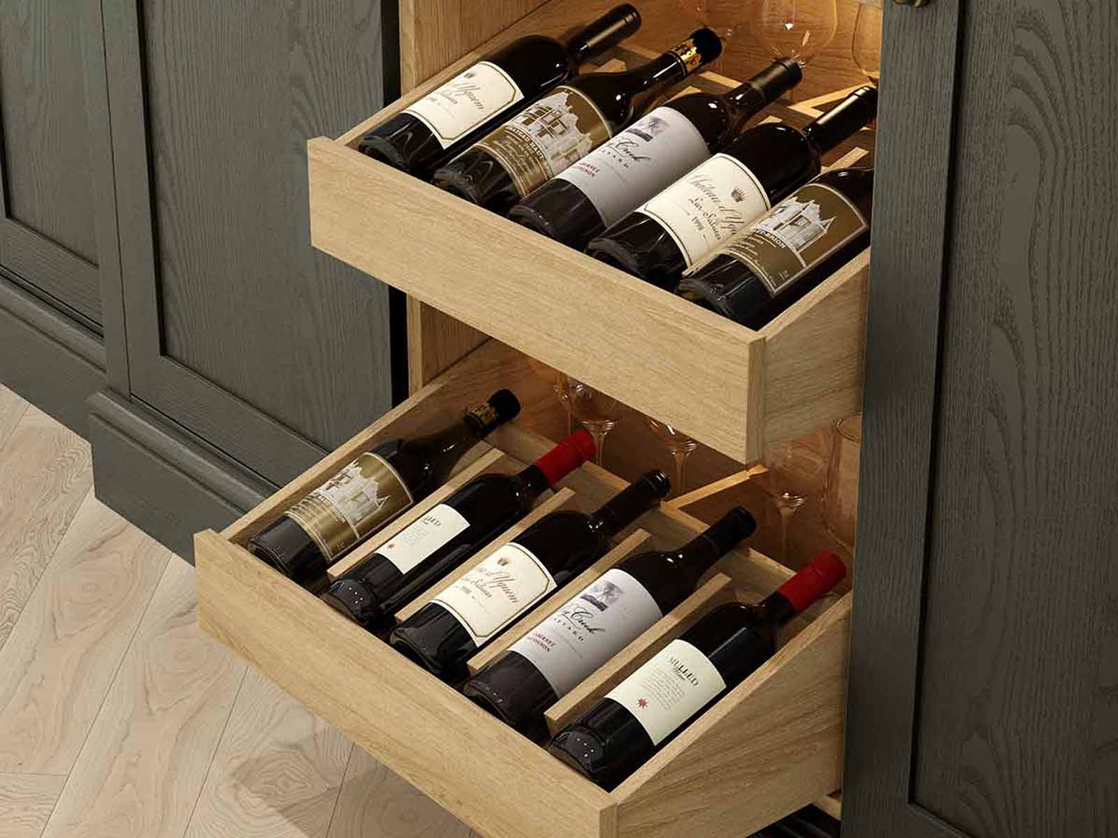 Home bar wine drawer inserts inserted in a wine shelf rack