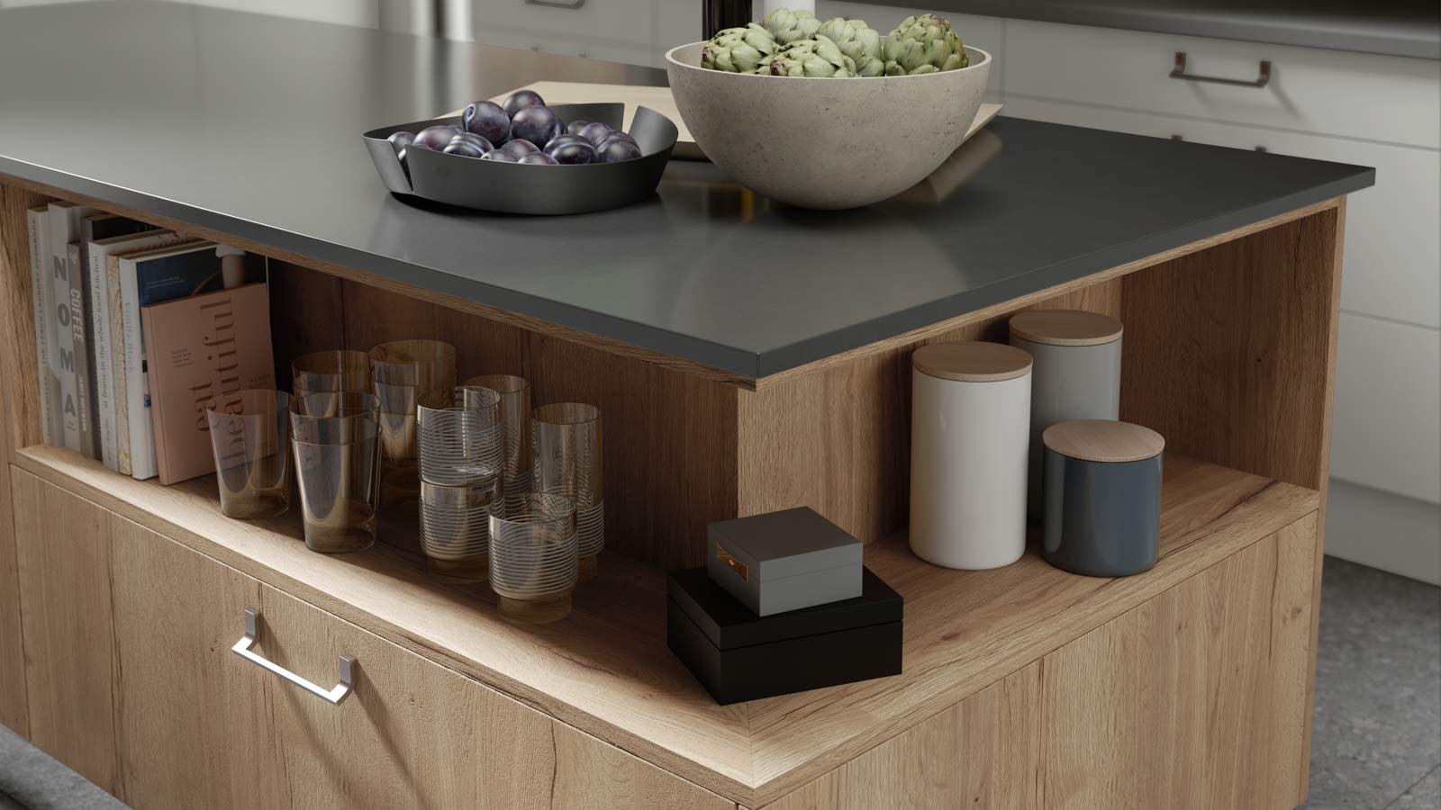 Inbuilt wooden kitchen island shelves that follow simple interior design