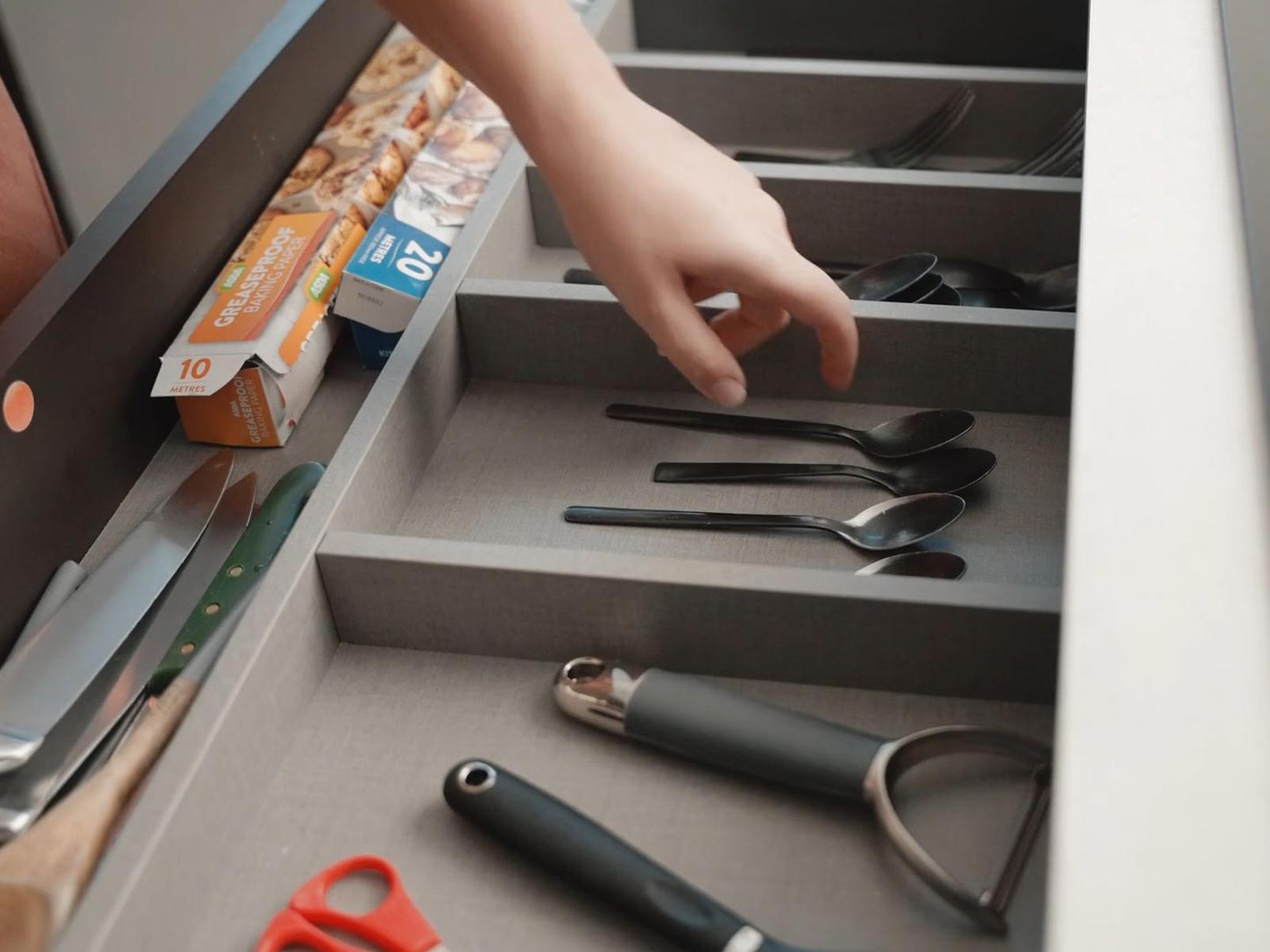 Modern kitchen cupboard drawers in a townhouse kitchen