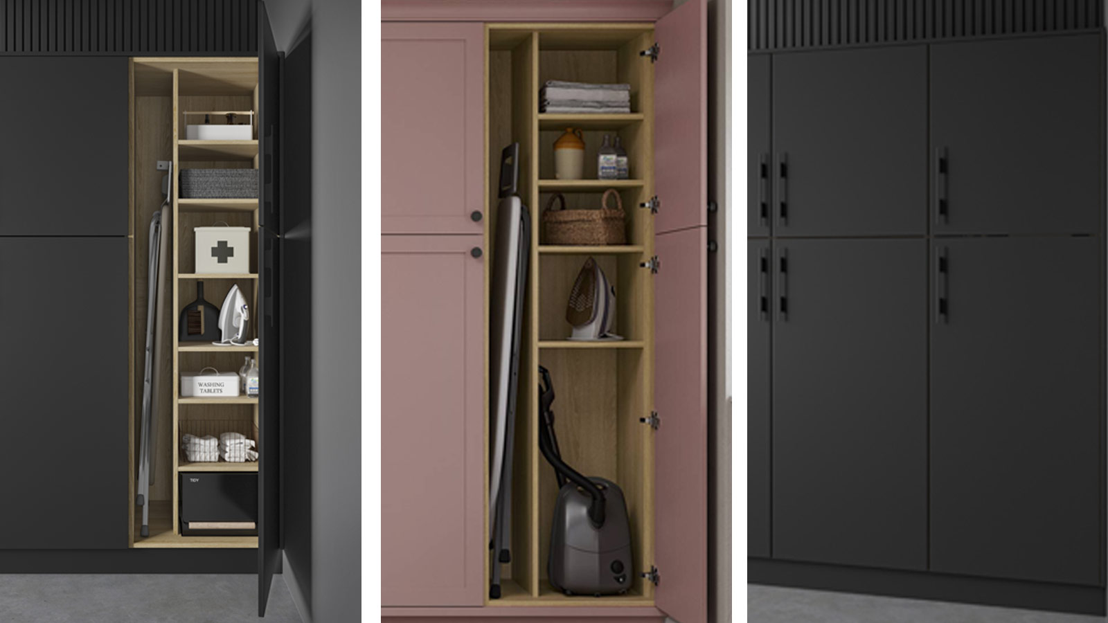 Dark and light laundry room utility closets with natural wood-effect dividers