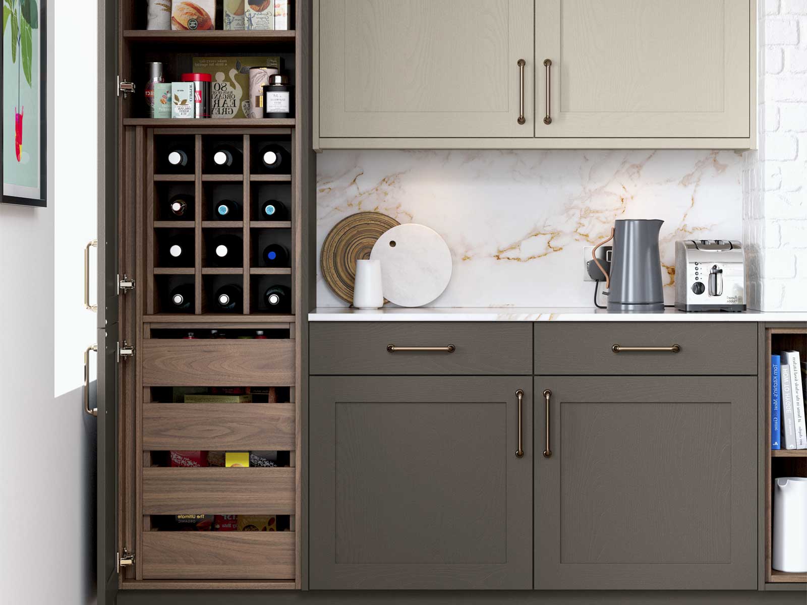 A slimline Hathaway pantry with a dark green and pale grey kitchen range