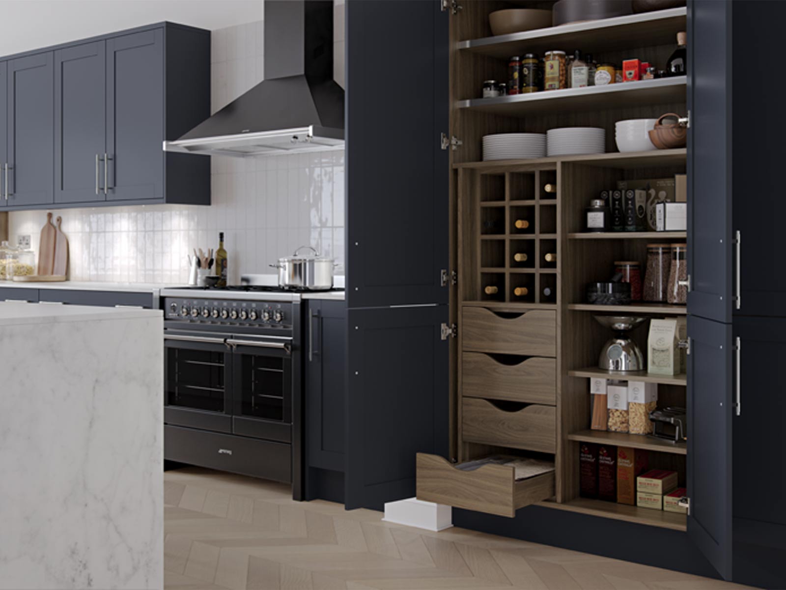 A dark blue wide pantry with Tuscan Walnut shelving in a modern kitchen