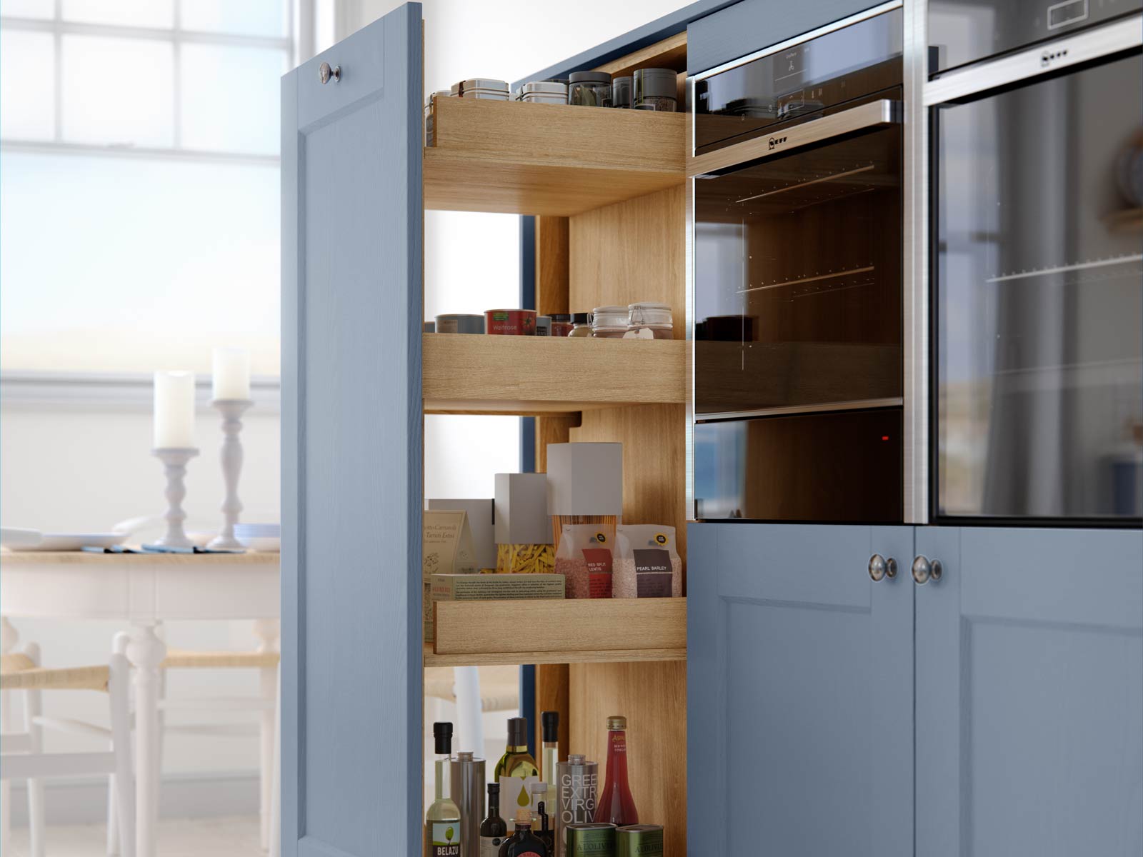 A pull-out cabinet kitchen corner larder unit with powder blue kitchen facades