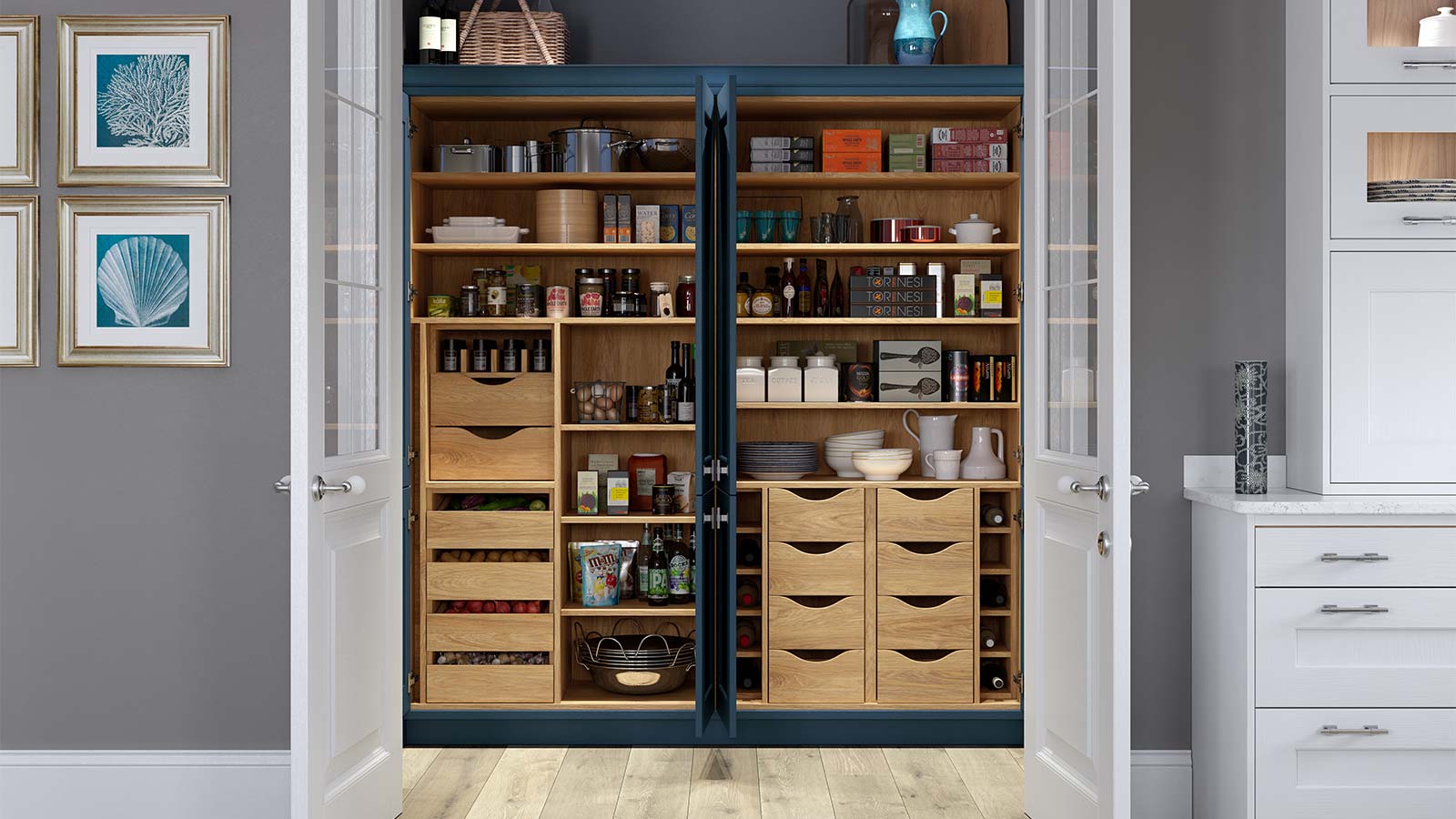 A double food storage cabinet set in a storeroom pantry cupboard