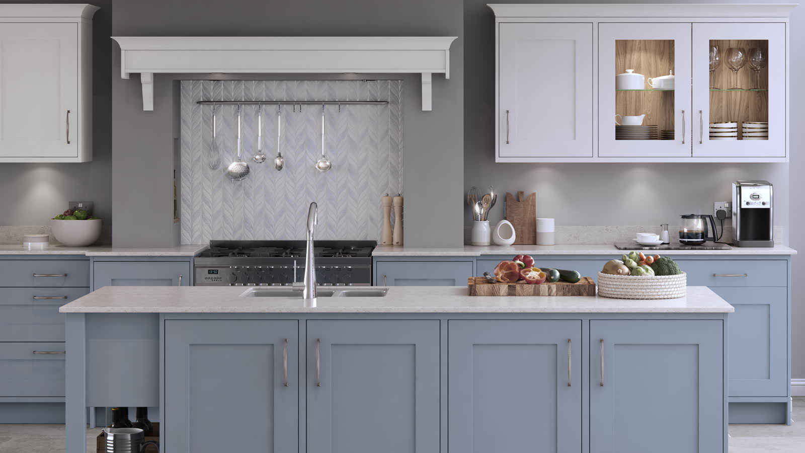 A traditional kitchen with powder blue Shaker kitchen doors