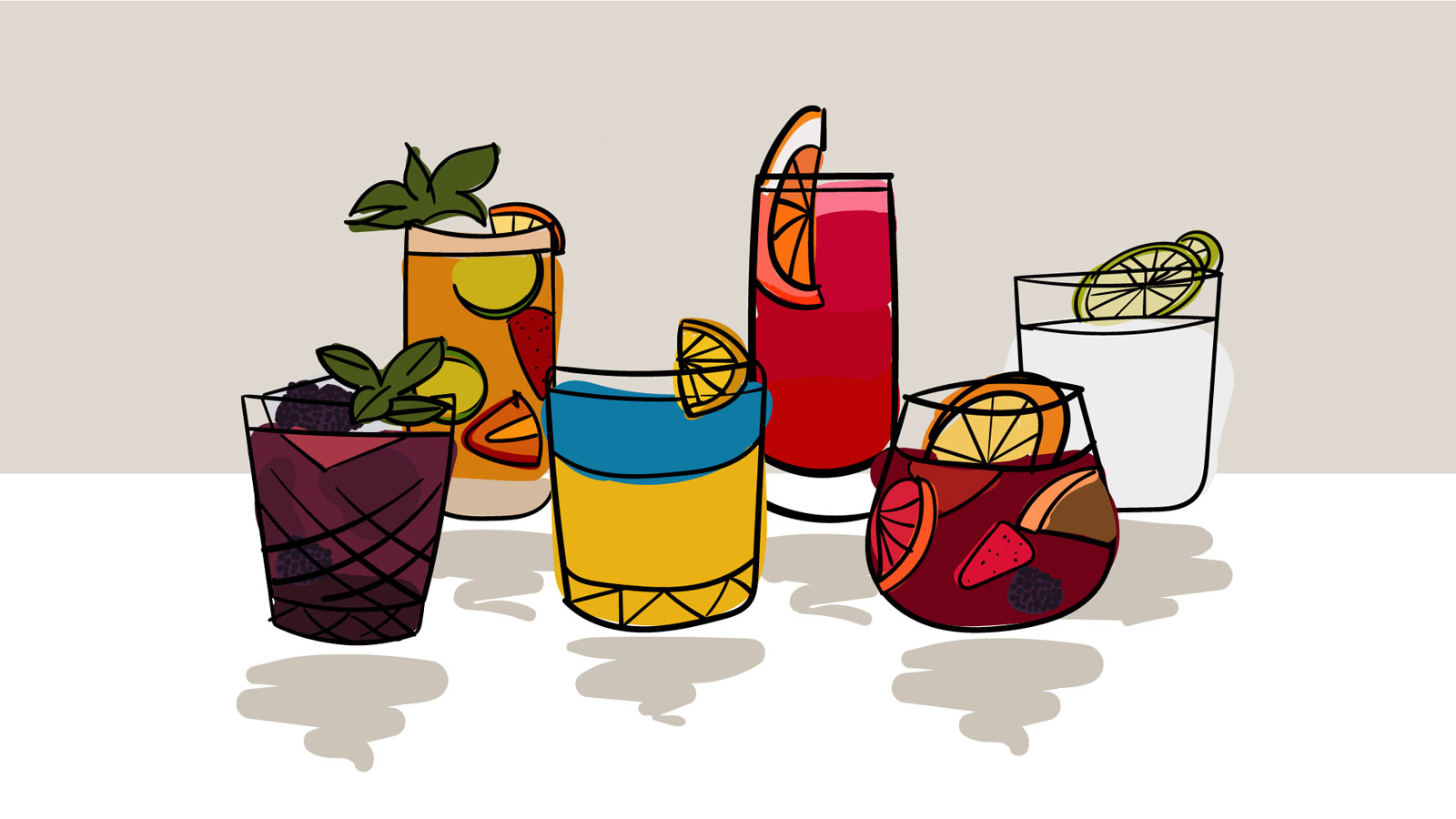 Five cartoon cocktails including a Zelenskyy, Sangria and Finnish Long Drink.