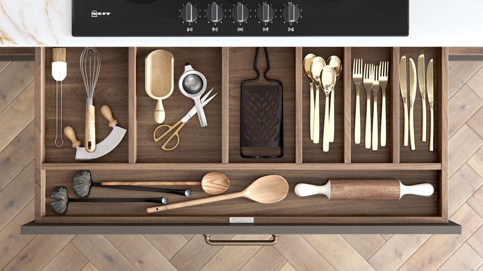 An all-wood-effect Walnut kitchen drawer with luxury utensils