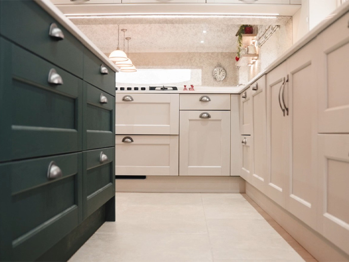Kitchen wall units and an island shot low in an open family kitchen