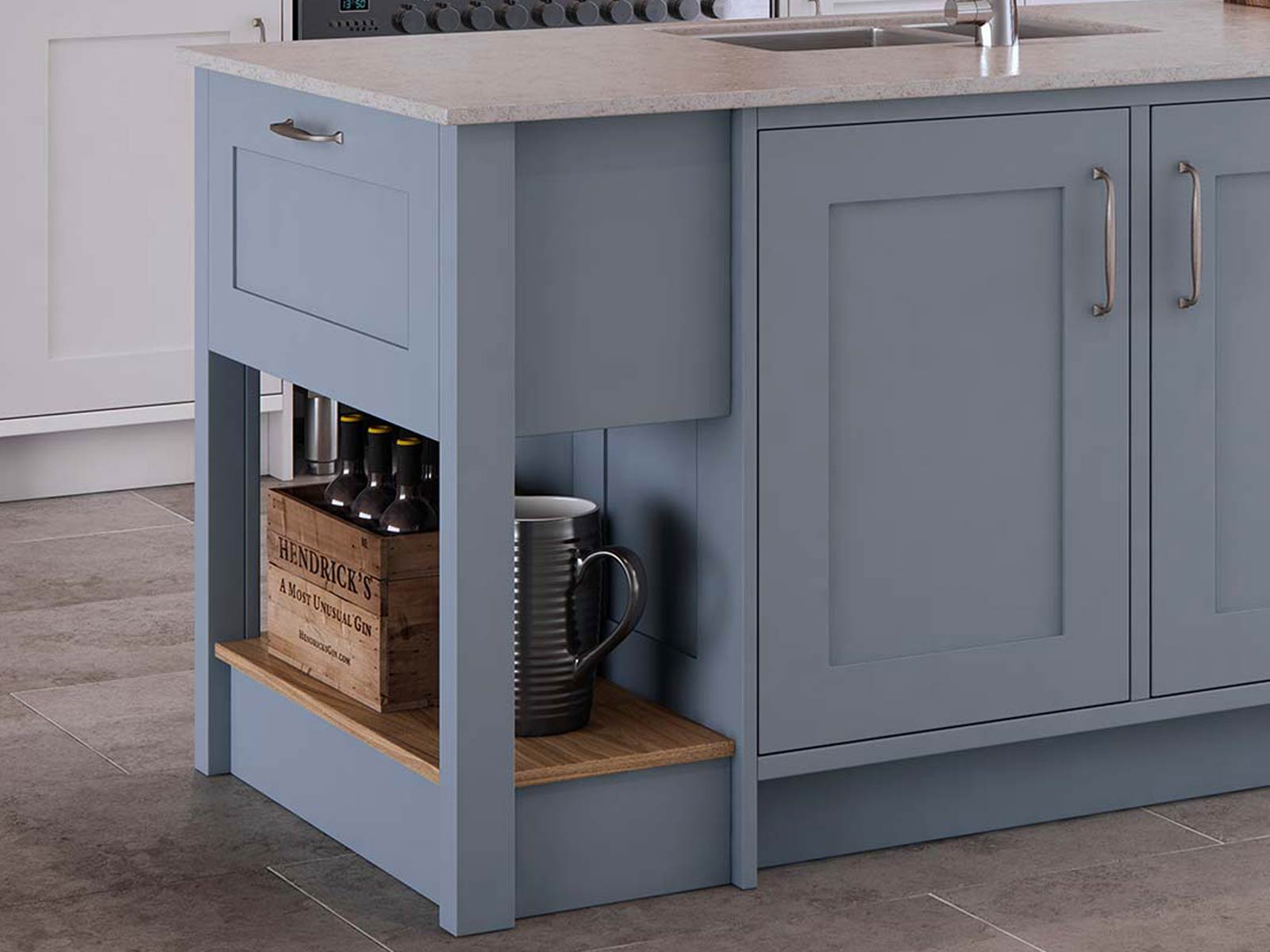 A baby blue kitchen island with sink and a chef’s table