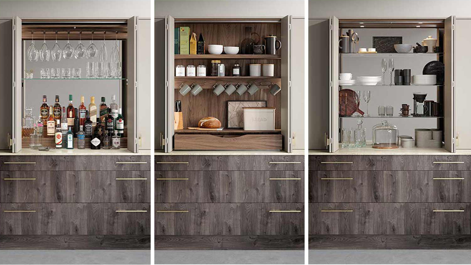 A home bar unit, breakfast cabinet and mirrored curiosity cabinet