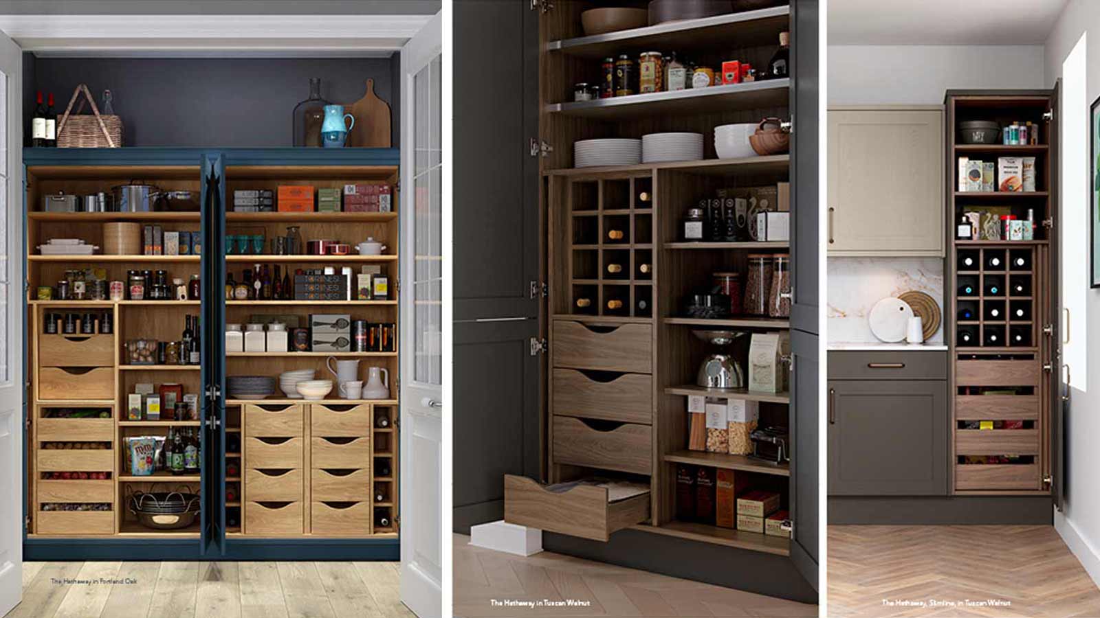 Several Hathaway kitchen pantry options in light and dark wood