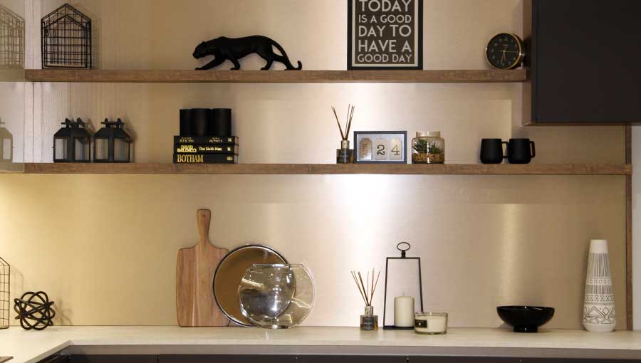 Metallic kitchen feature wall with open shelving