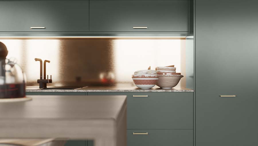 Metallic kitchen splashback in a modern kitchen