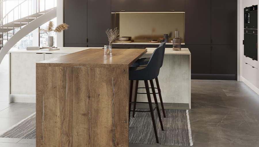 Modern dark brown kitchen with wood effect breakfast bar