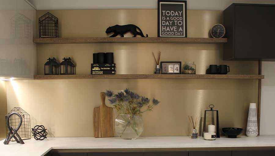 Open shelving in a modern luxury kitchen