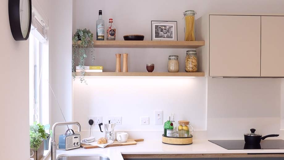 Modern kitchen shelving in a new build home