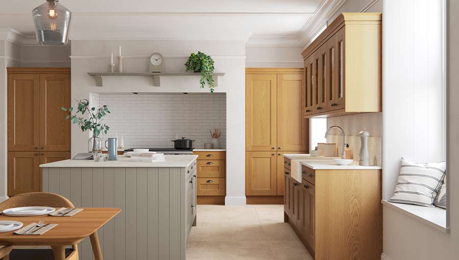Oak finish shaker kitchen with warm grey kitchen island