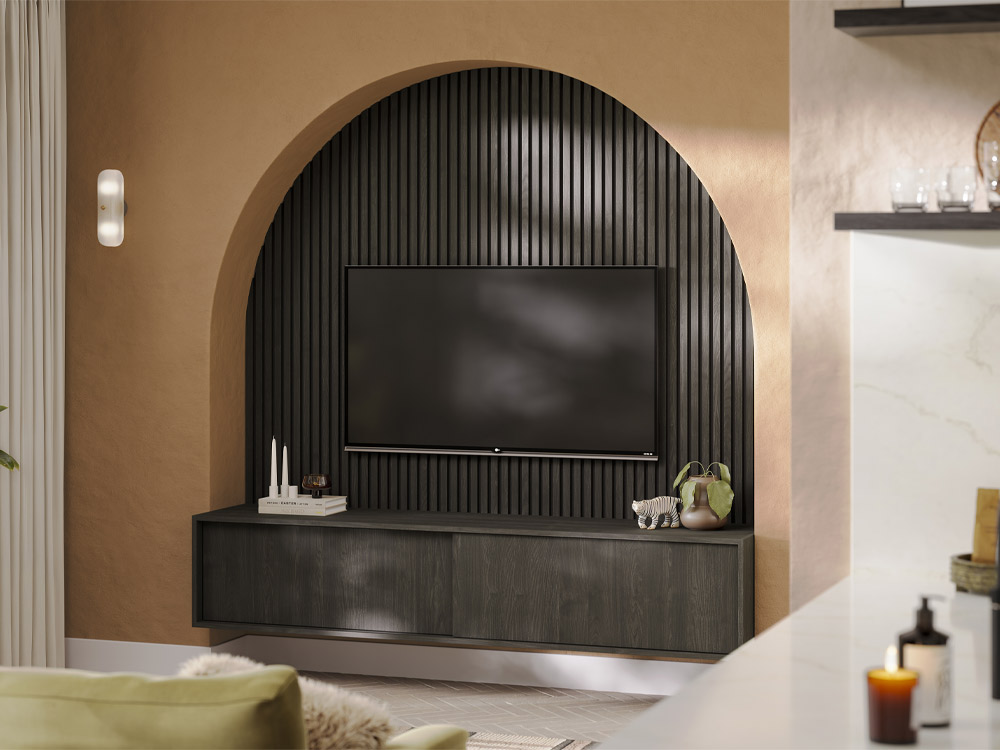 Oslo Espresso media cabinet under a screen